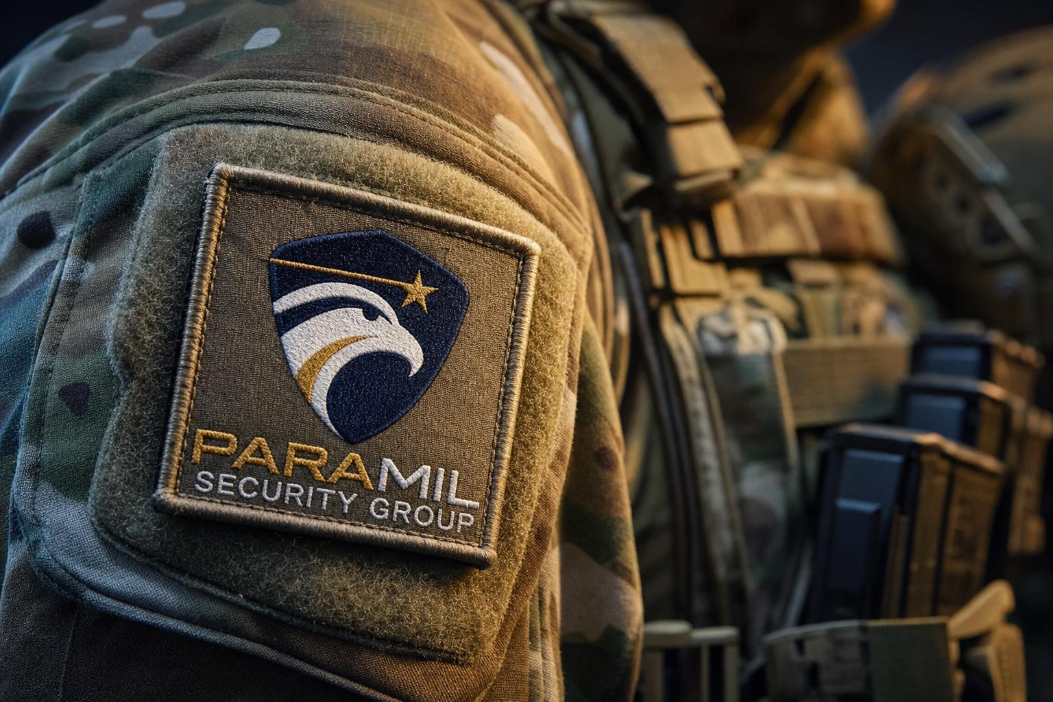 ParaMil Security Group embroidered shoulder patch on a multicam combat shirt