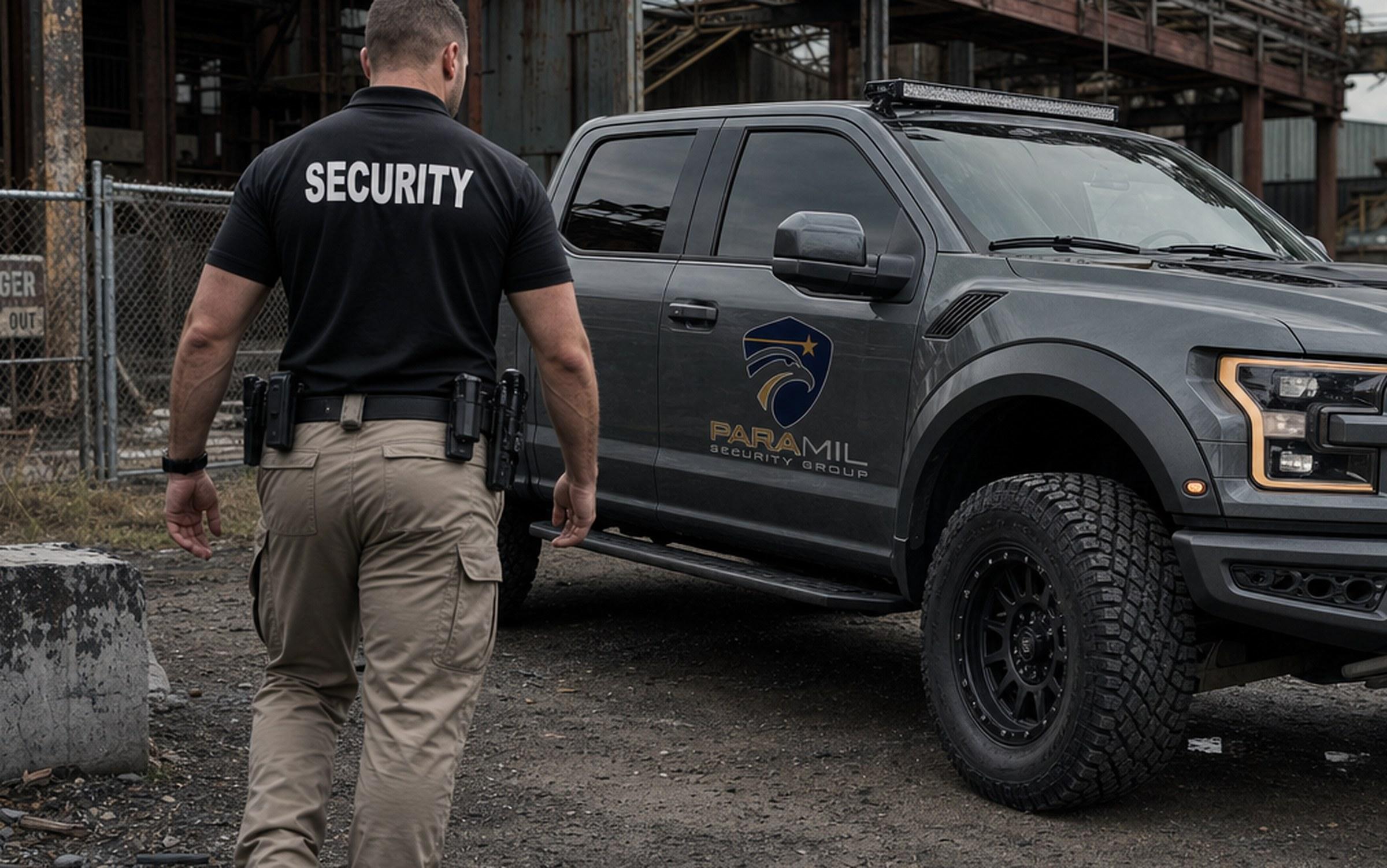 ParaMil security operator walking to a gunmetal Ford F-150 Raptor branded with the ParaMil Security Group shield, parked at an abandoned industrial plant.